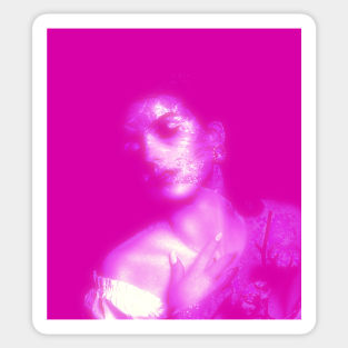 Beautiful girl, her skin consist from particles, glowing. Bright, pink. Sticker